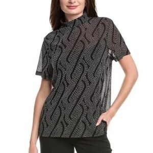 Cabi #4541 Deco Black and Gray Turtleneck Women’s Short Sleeve Mesh Top Sz M